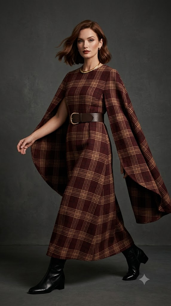 Plaid Wool Cape Dress with Leather Ankle Boots